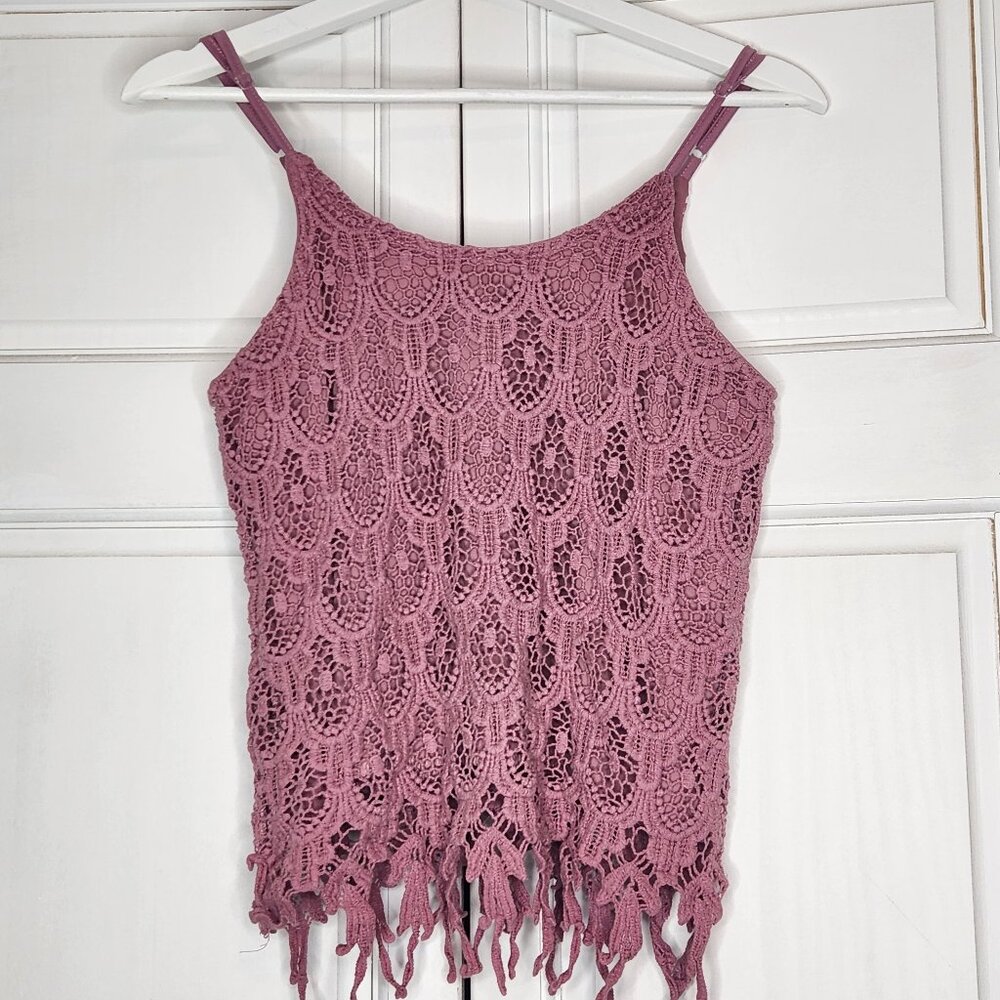 Belle Tweed Boho Crochet Lace Tank Top Small Petite Dusty Rose - Picture 2 of 5
